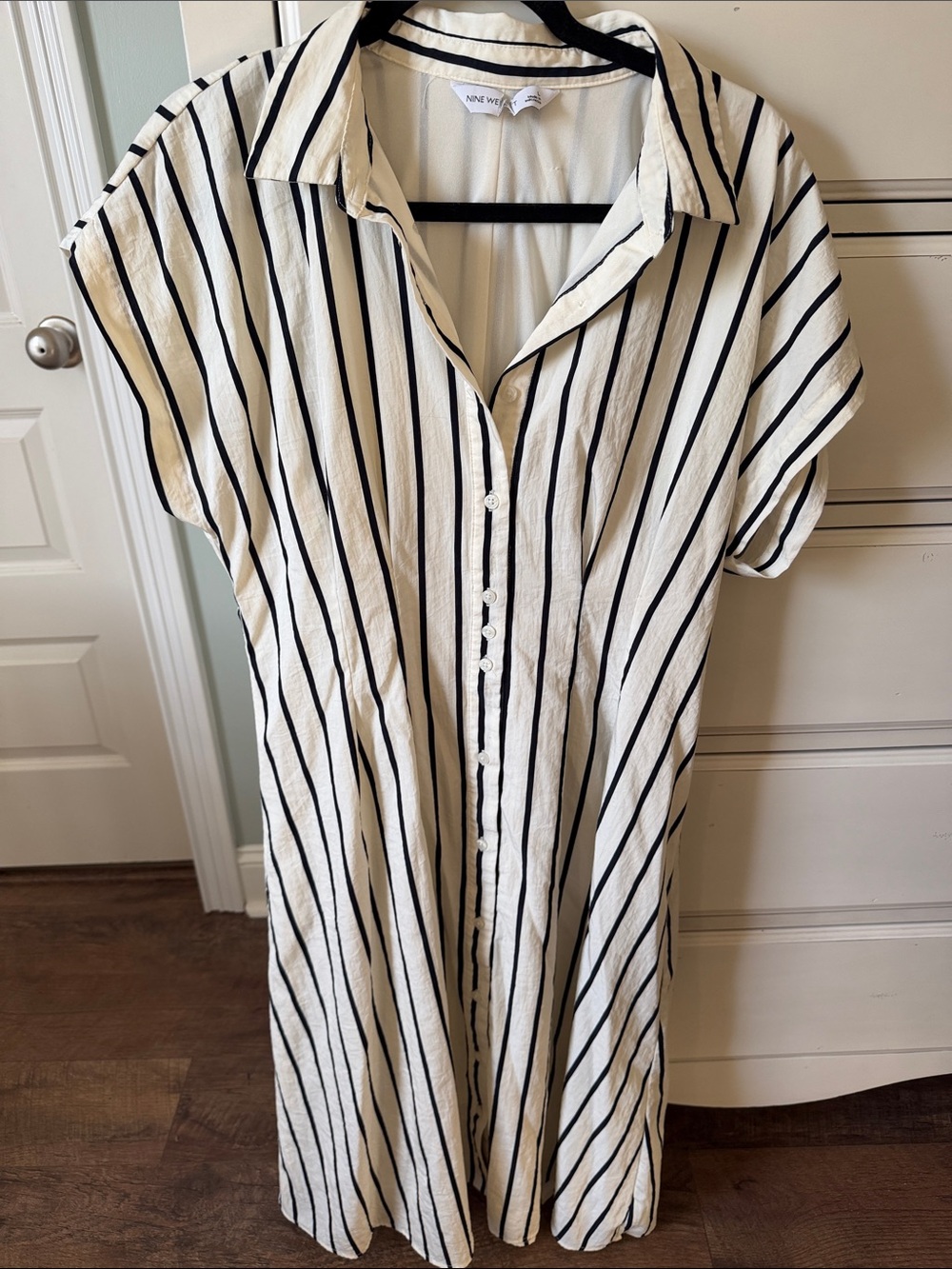 Nine West Cream and Black Vertical Stripe Shirt Dress